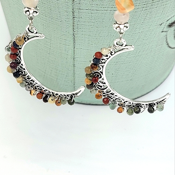 Handcrafted Silver Crescent Moon Earrings With Gemstones - Picture 4 of 4